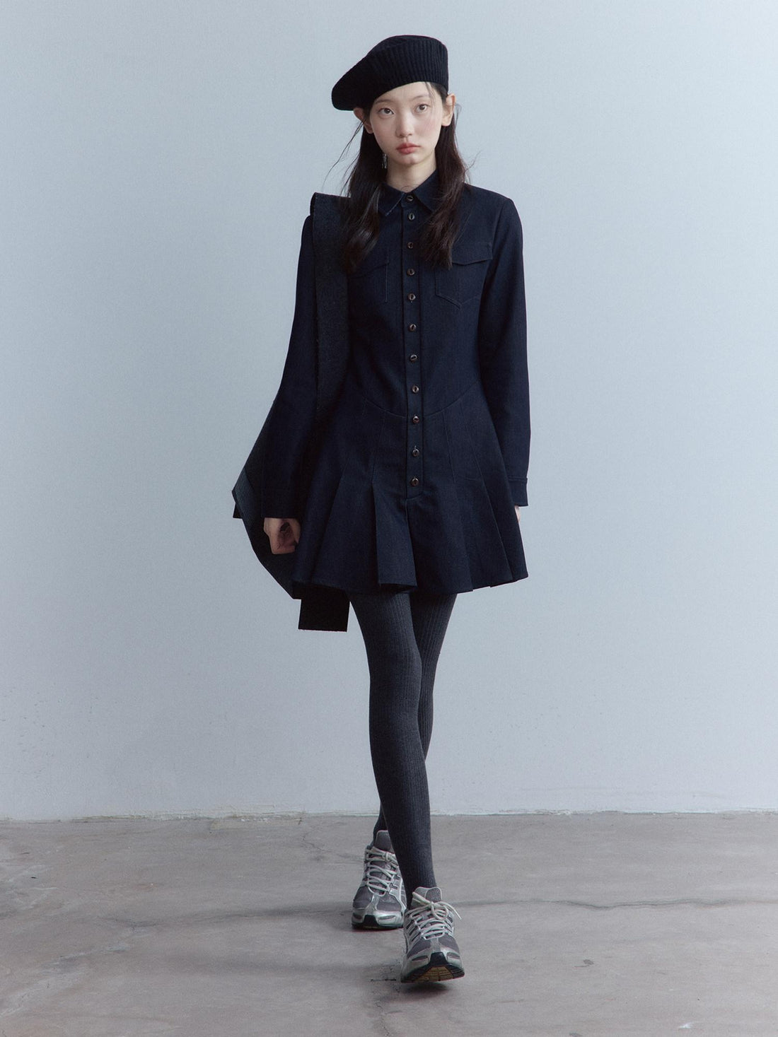 FUSSED 3D Embellished Denim Pleated A Line Girly Button Front Long Sleeve Midi Dresses