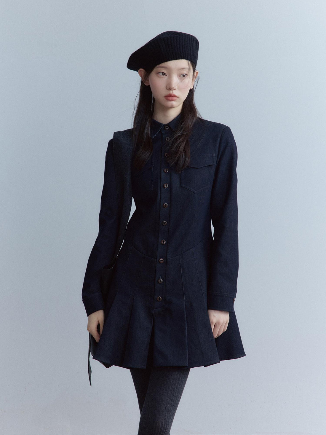 FUSSED 3D Embellished Denim Pleated A Line Girly Button Front Long Sleeve Midi Dresses