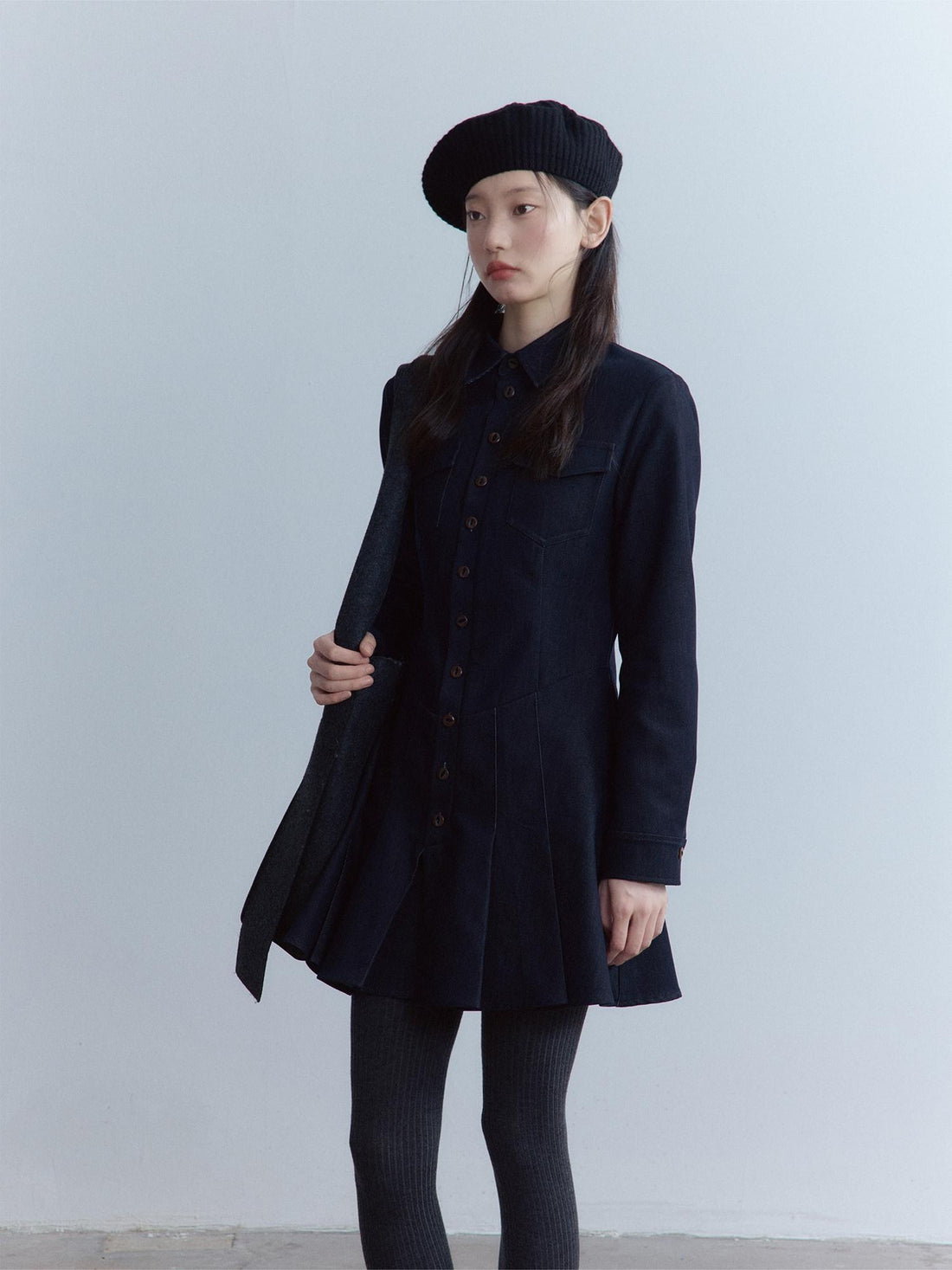 FUSSED 3D Embellished Denim Pleated A Line Girly Button Front Long Sleeve Midi Dresses
