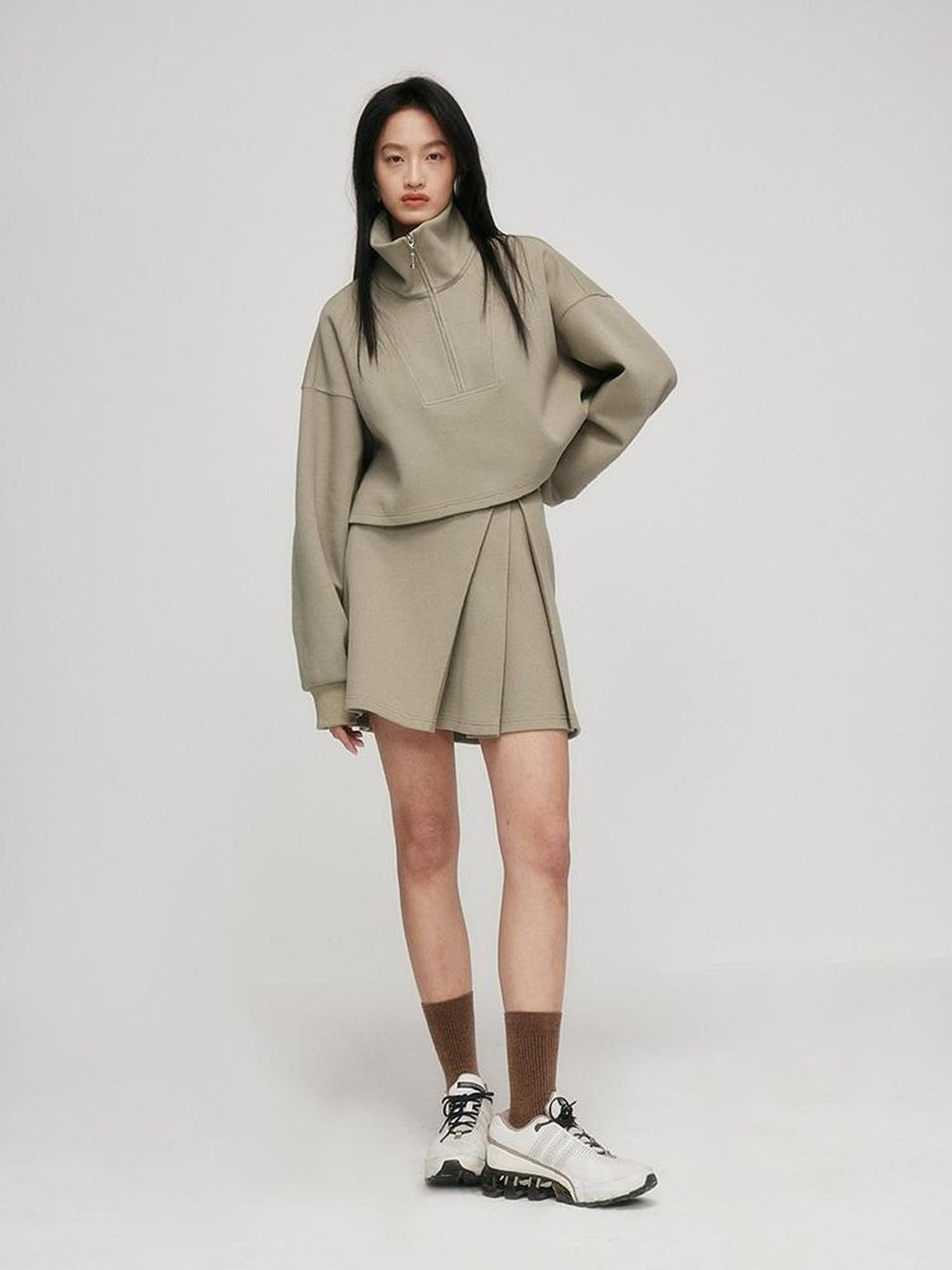 FUSSED A Line Pleated Pique Cotton Skirt In Flax Green