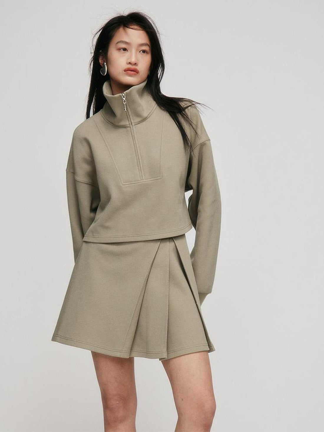 FUSSED A Line Pleated Pique Cotton Skirt In Flax Green