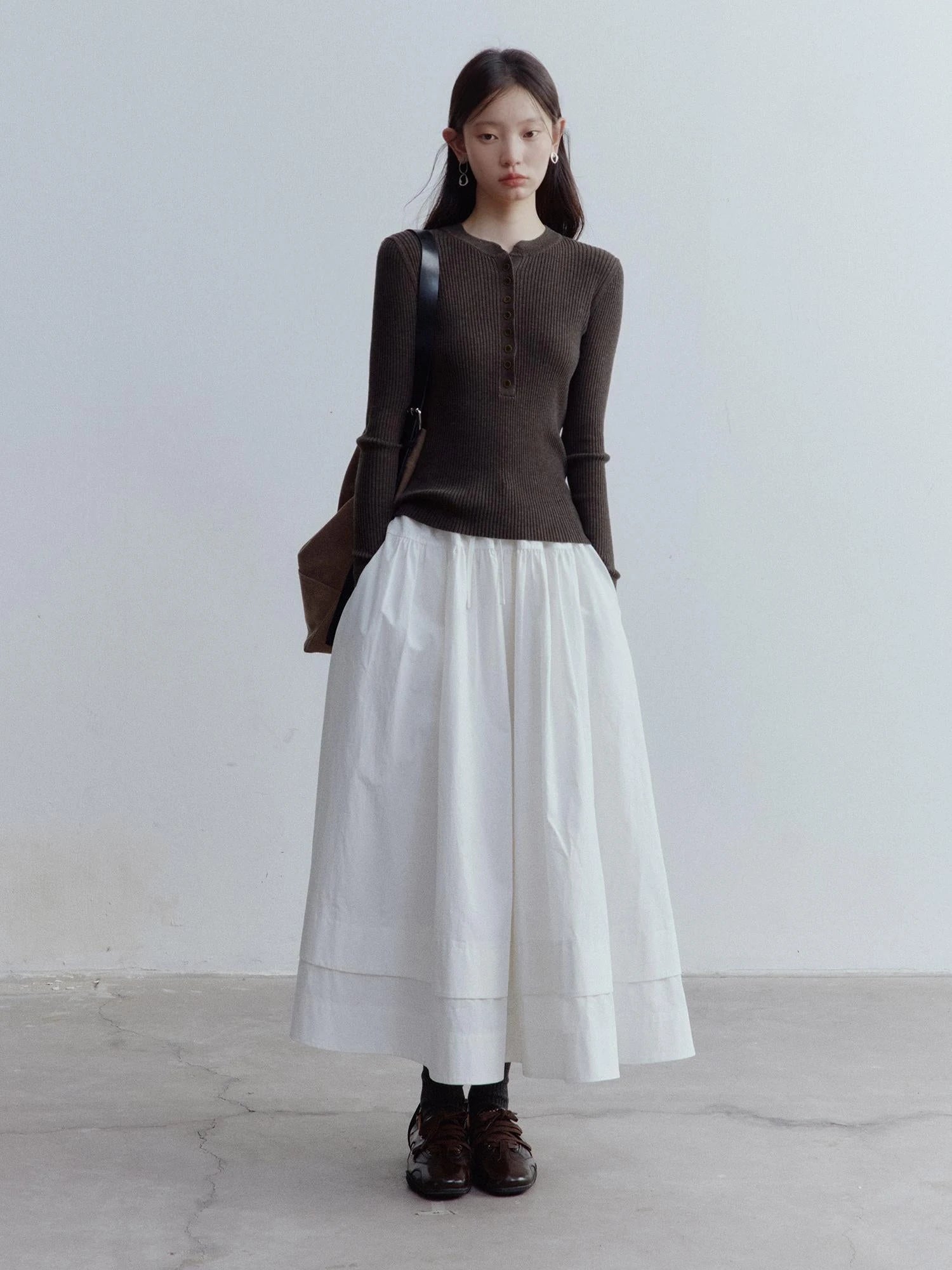A Line Tiered Cotton Midi Skirt with Drawstring Waist