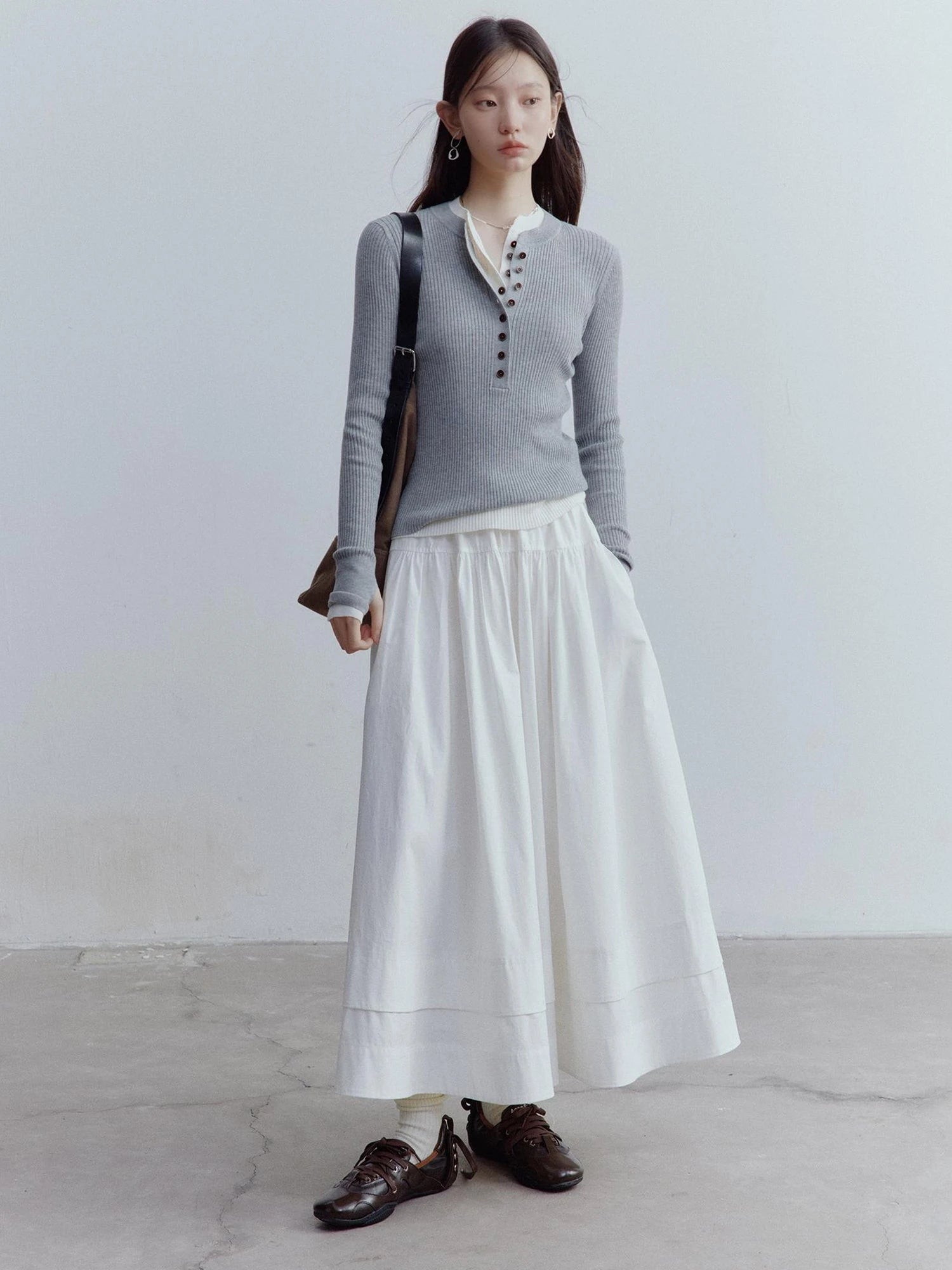 A Line Tiered Cotton Midi Skirt with Drawstring Waist