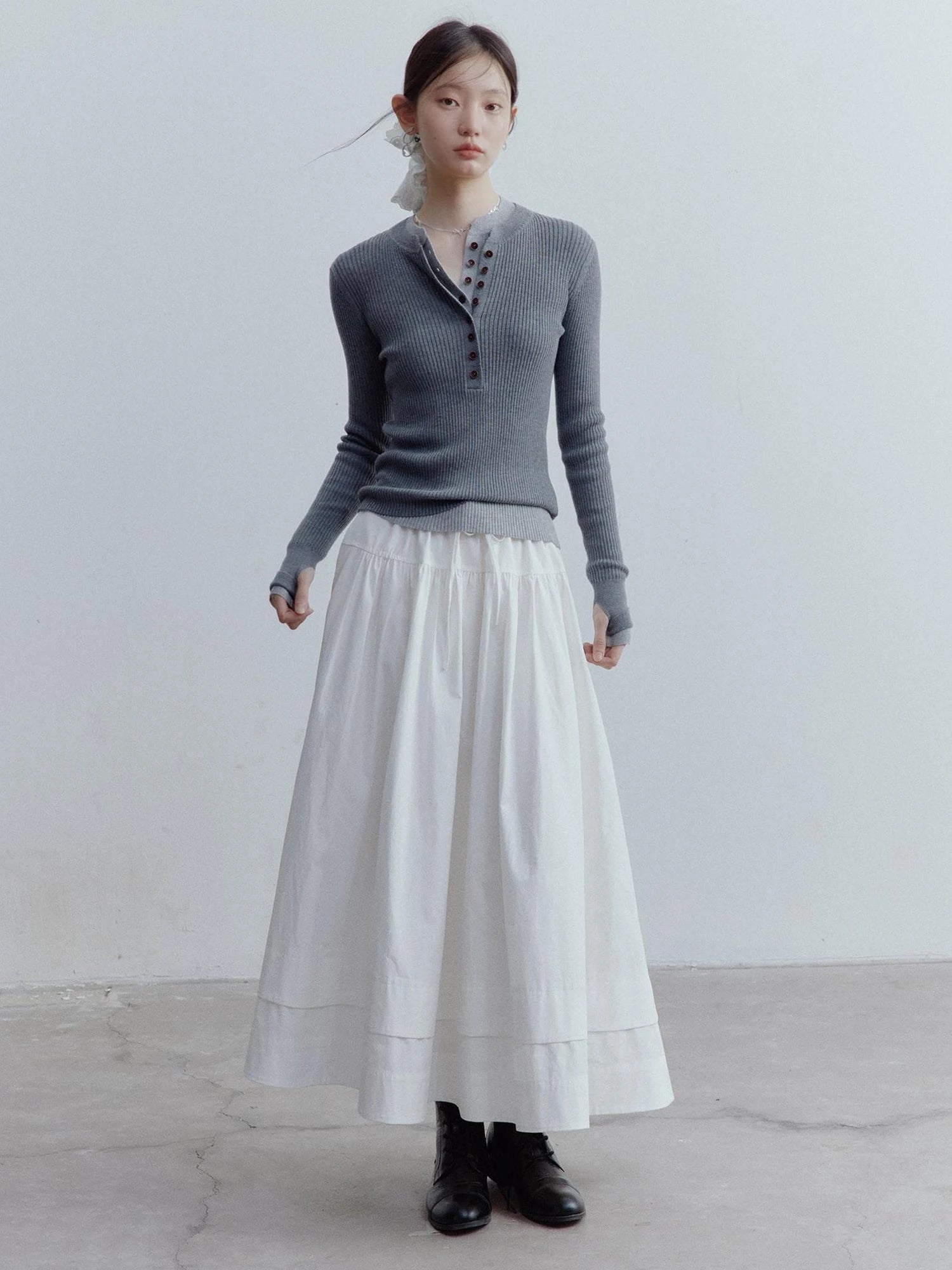 A Line Tiered Cotton Midi Skirt with Drawstring Waist