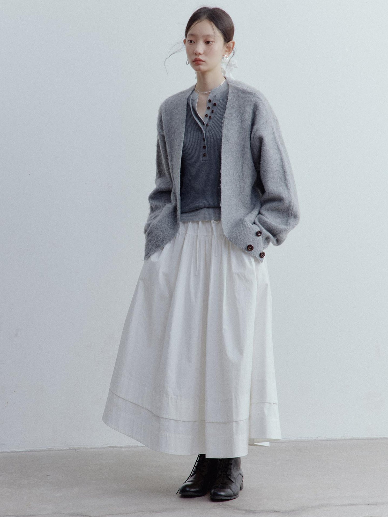 FUSSED A Line Tiered Cotton Midi Skirt with Drawstring Waist