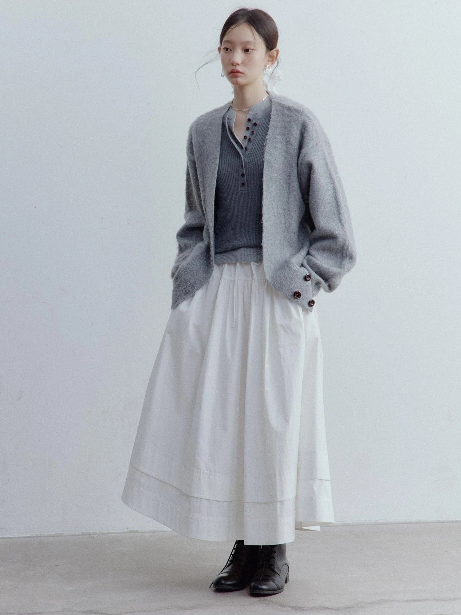 A Line Tiered Cotton Midi Skirt with Drawstring Waist