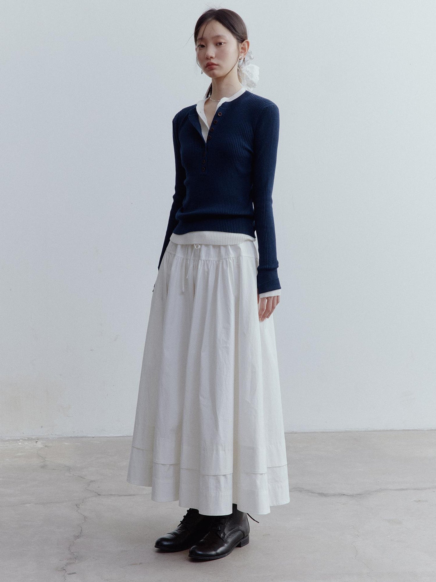 FUSSED A Line Tiered Cotton Midi Skirt with Drawstring Waist