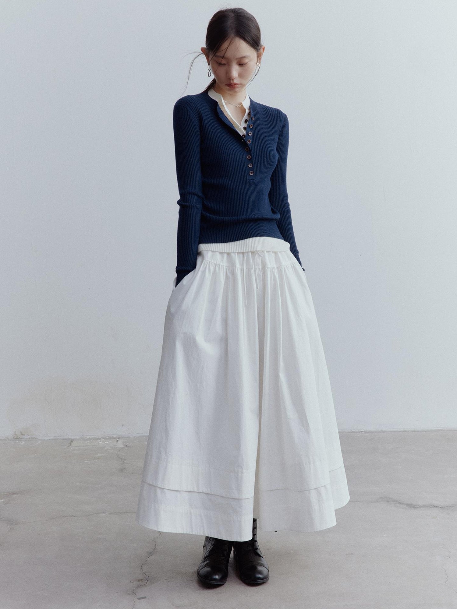 FUSSED A Line Tiered Cotton Midi Skirt with Drawstring Waist