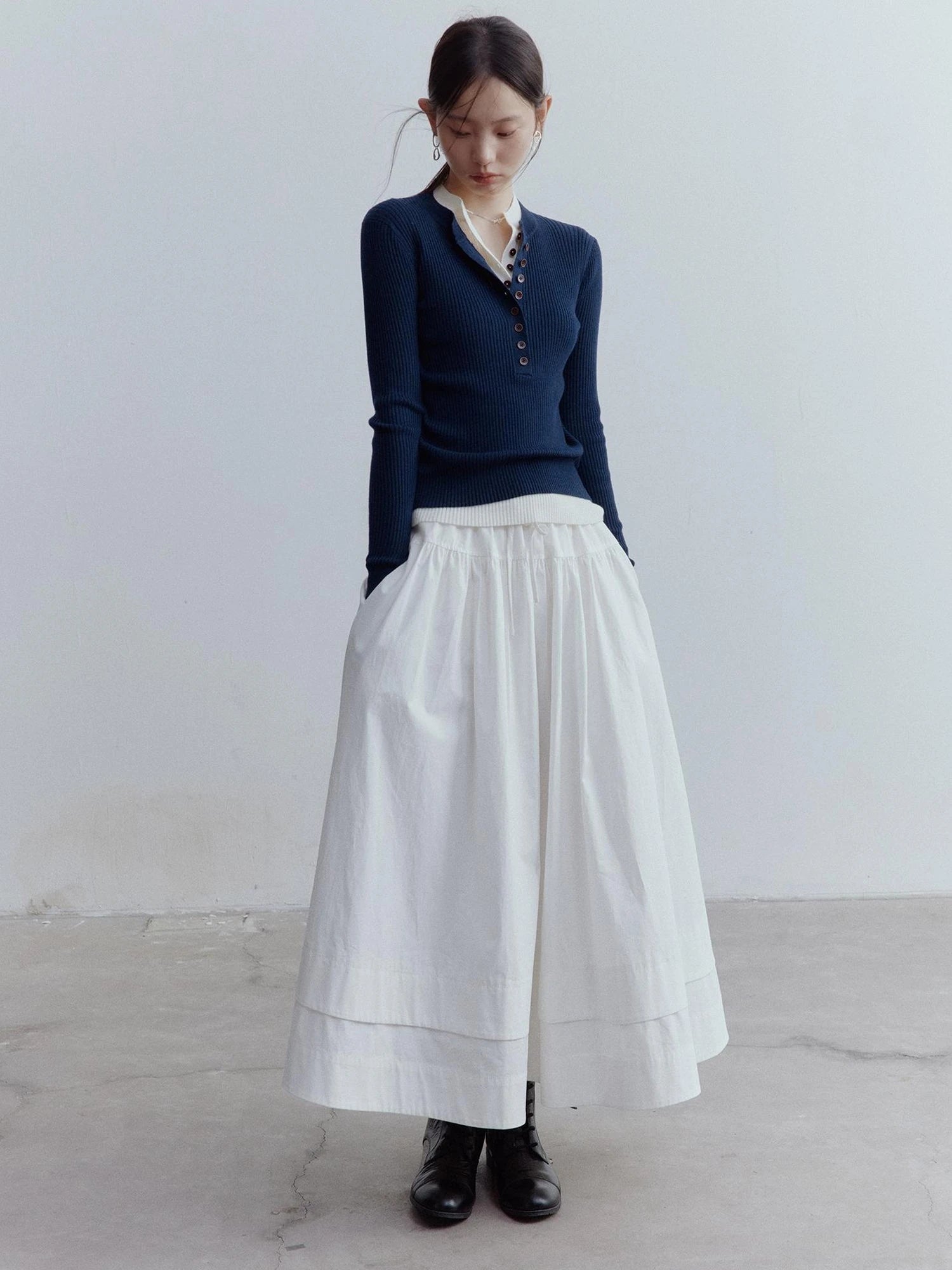 A Line Tiered Cotton Midi Skirt with Drawstring Waist