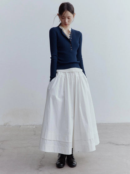 A Line Tiered Cotton Midi Skirt with Drawstring Waist