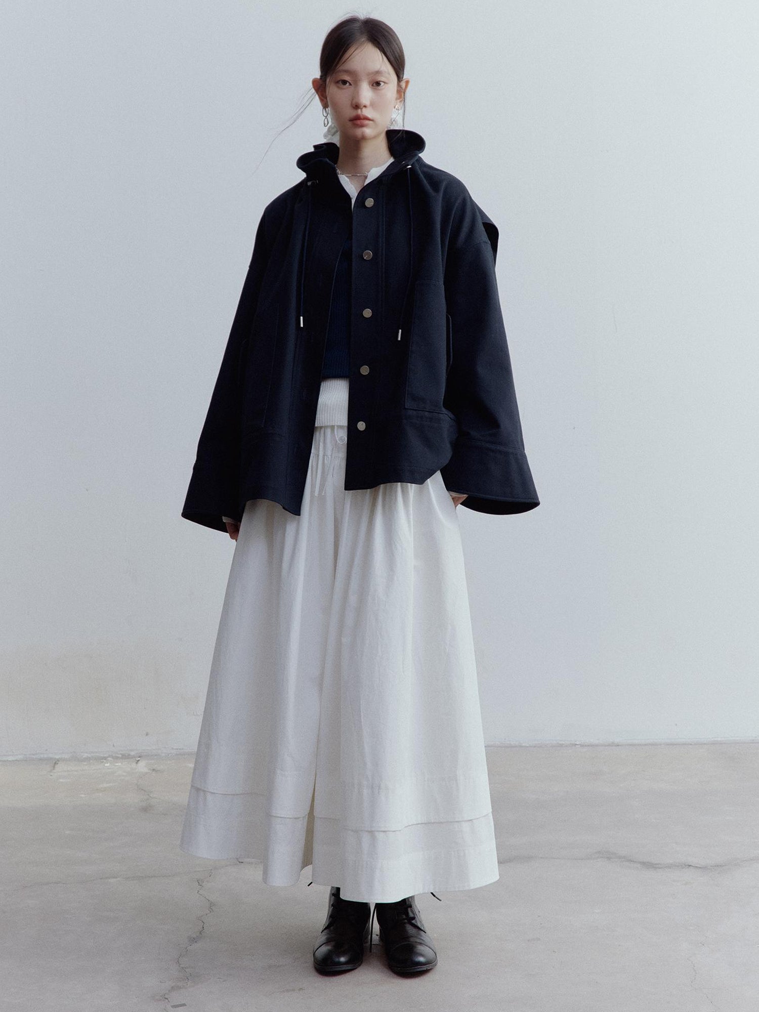 FUSSED A Line Tiered Cotton Midi Skirt with Drawstring Waist