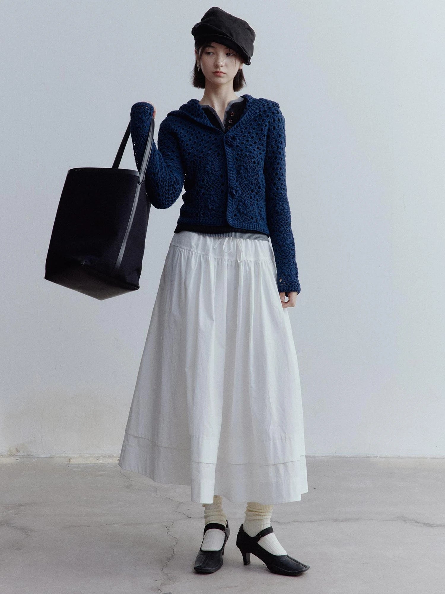 A Line Tiered Cotton Midi Skirt with Drawstring Waist