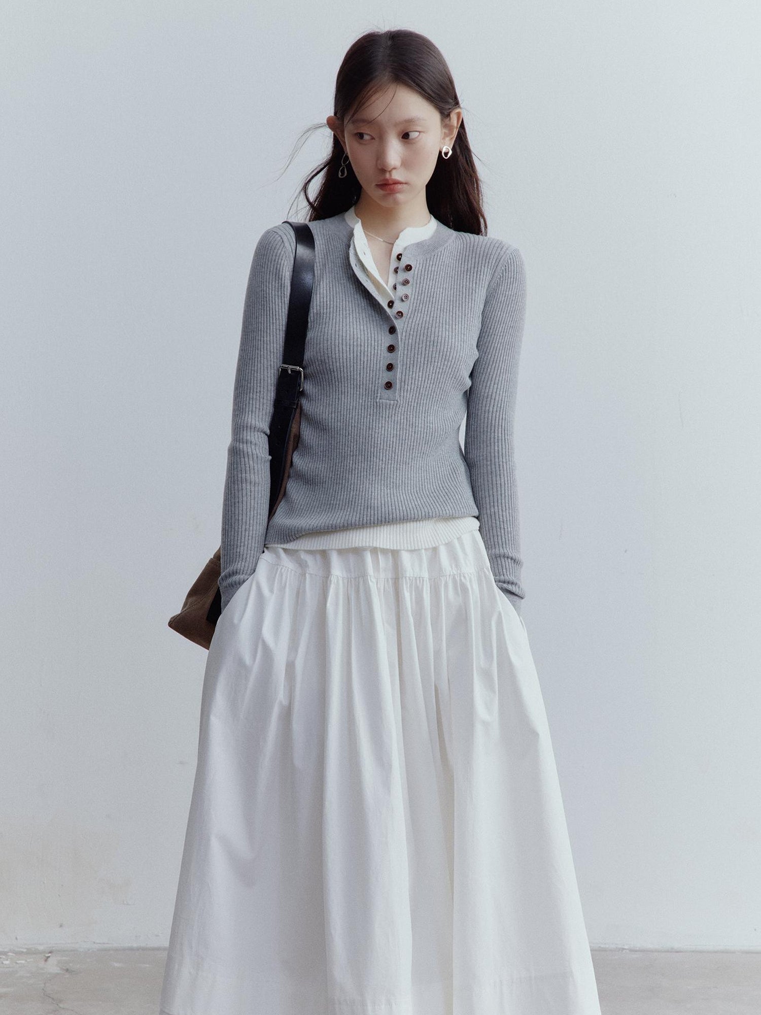 FUSSED A Line Tiered Cotton Midi Skirt with Drawstring Waist