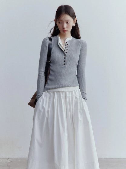 A Line Tiered Cotton Midi Skirt with Drawstring Waist