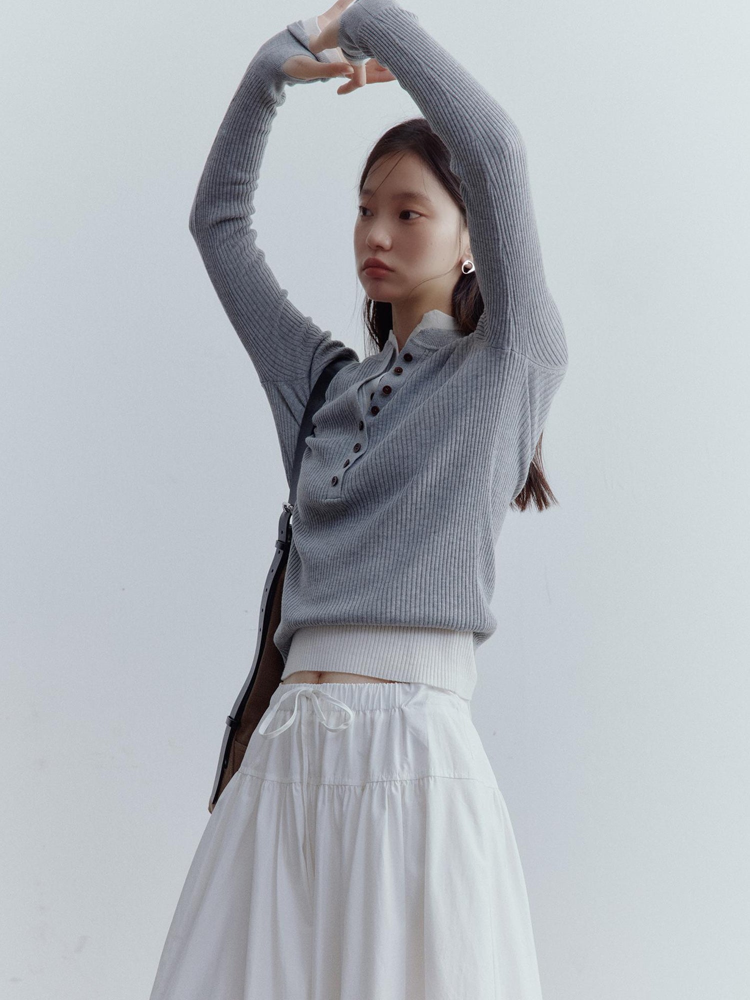 FUSSED A Line Tiered Cotton Midi Skirt with Drawstring Waist