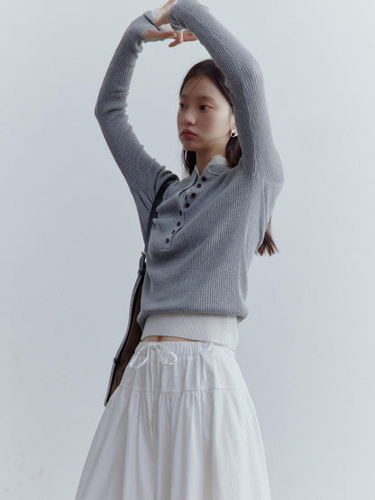 FUSSED A Line Tiered Cotton Midi Skirt with Drawstring Waist