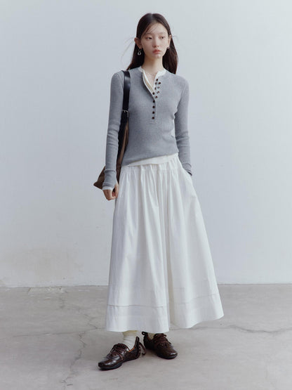 FUSSED A Line Tiered Cotton Midi Skirt with Drawstring Waist