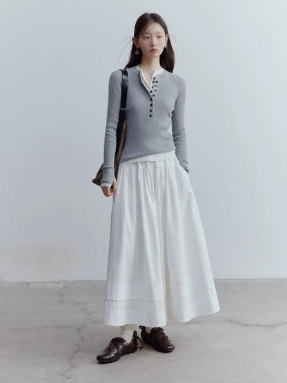 A Line Tiered Cotton Midi Skirt with Drawstring Waist