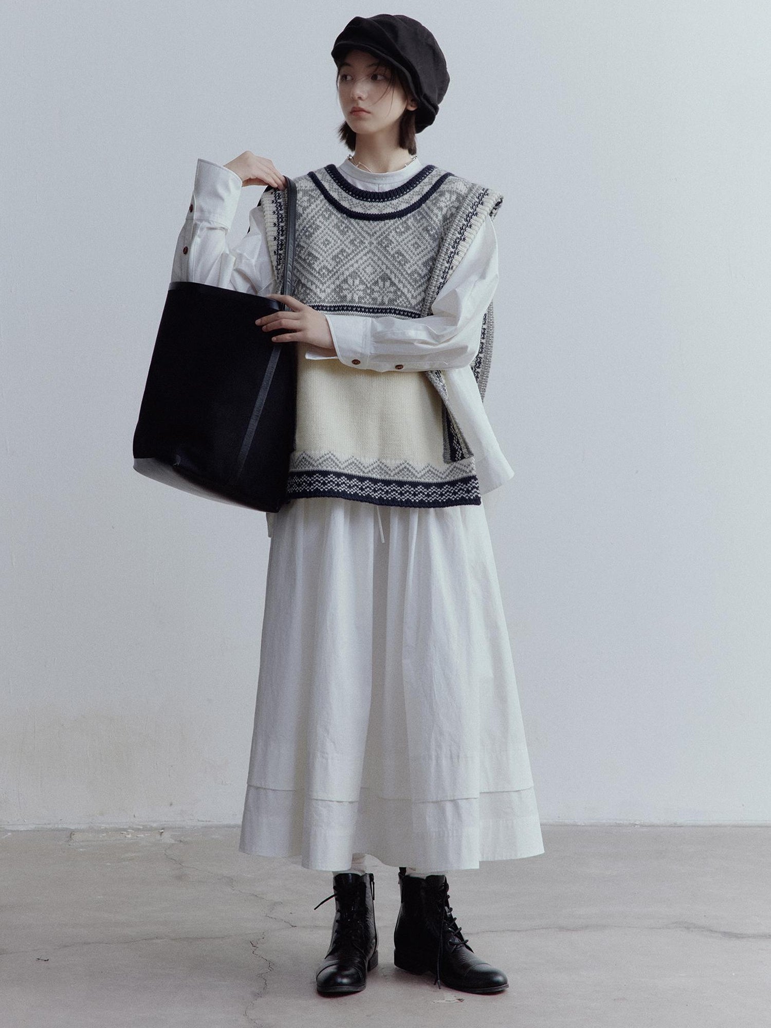 FUSSED A Line Tiered Cotton Midi Skirt with Drawstring Waist