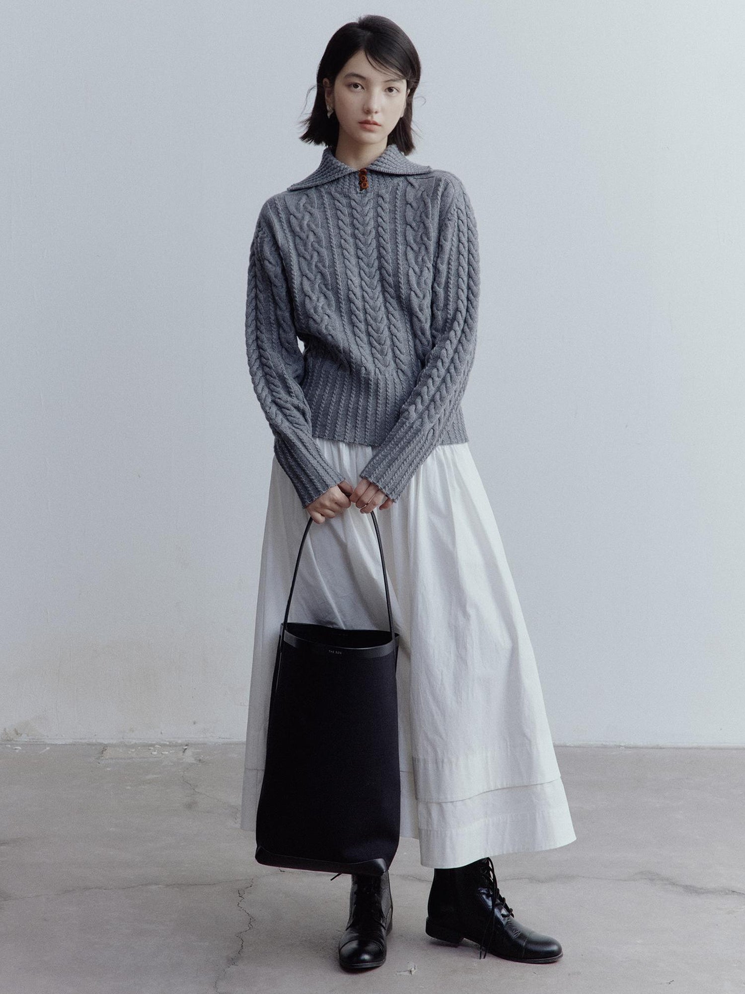 FUSSED A Line Tiered Cotton Midi Skirt with Drawstring Waist