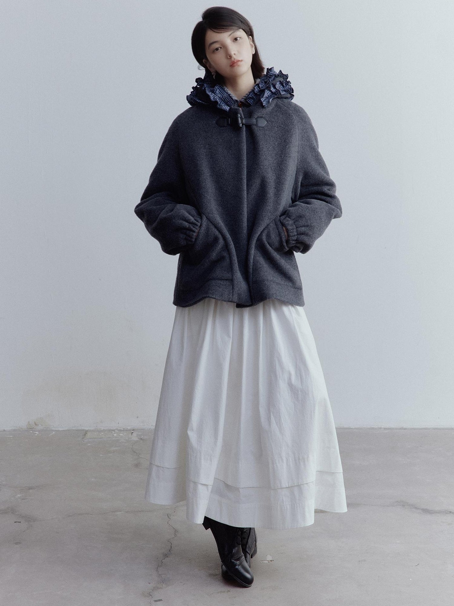 FUSSED A Line Tiered Cotton Midi Skirt with Drawstring Waist