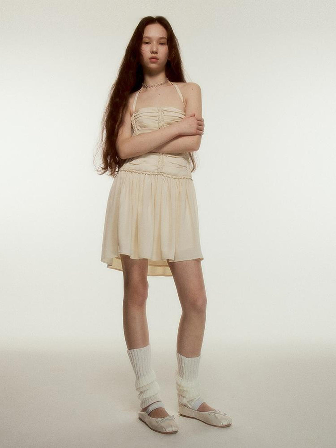 FUSSED Almond Chiffon Textured Ruffle Mini Dress V-neck T-shirt Long Sleeve