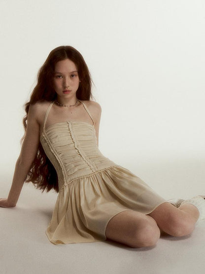 FUSSED Almond Chiffon Textured Ruffle Mini Dress V-neck T-shirt Long Sleeve