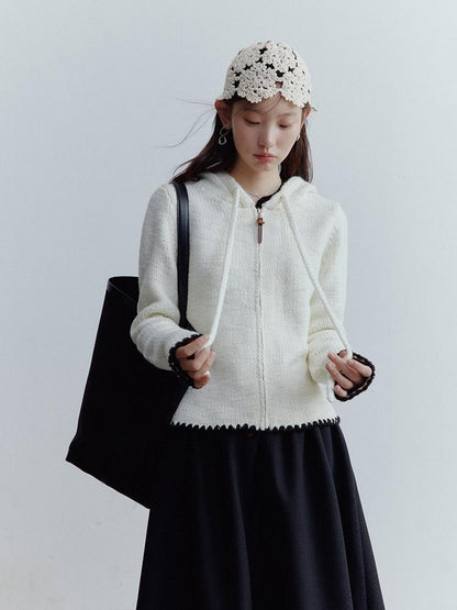FUSSED Almond Cream Contrast Shell Embroidery Hooded Zippered Women&