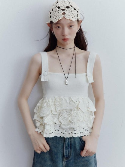 FUSSED Almond Cream Hand Crochet Five Floral Square Neck Women&