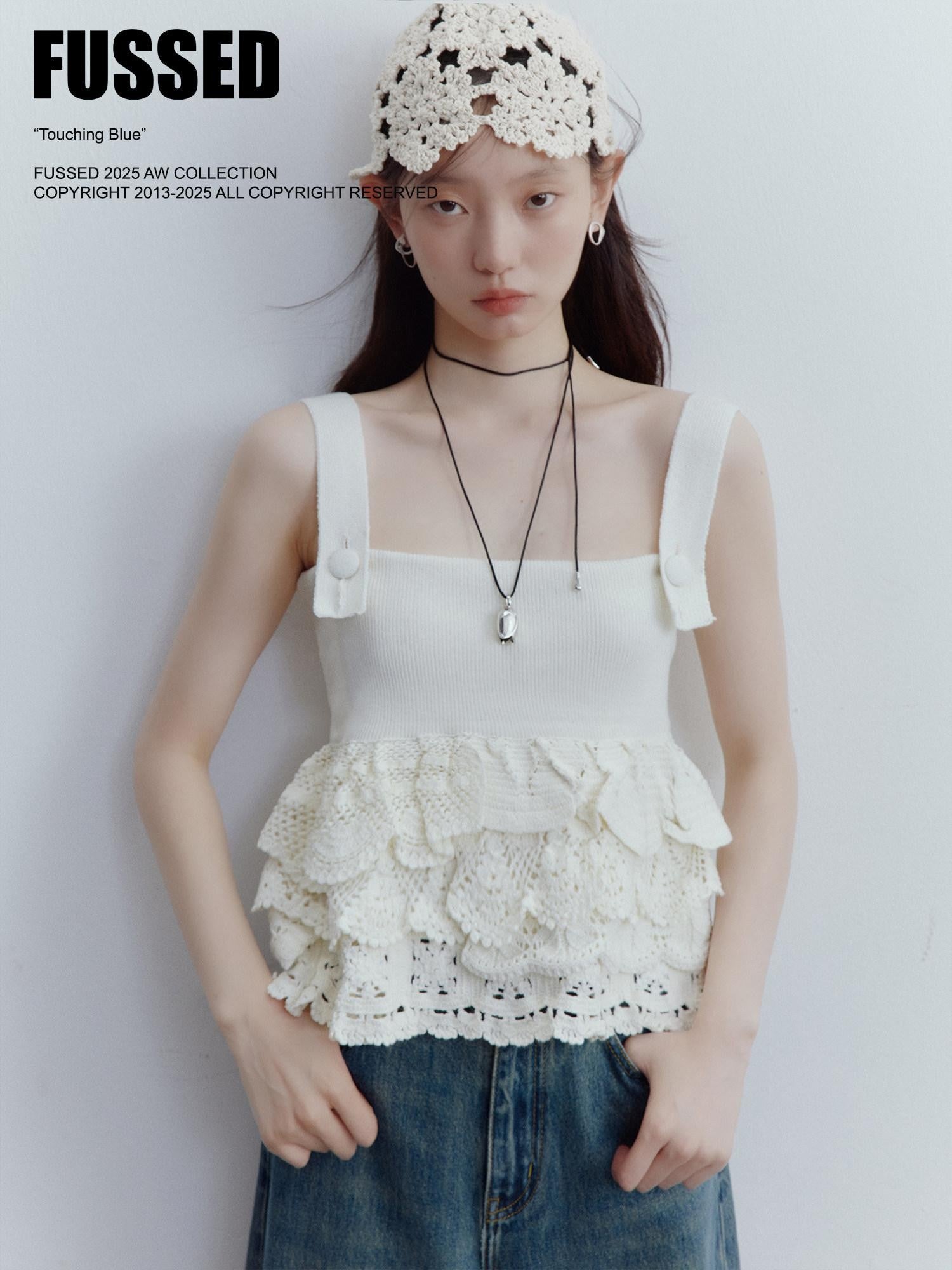FUSSED Almond Cream Hand Crochet Five Floral Square Neck Women&