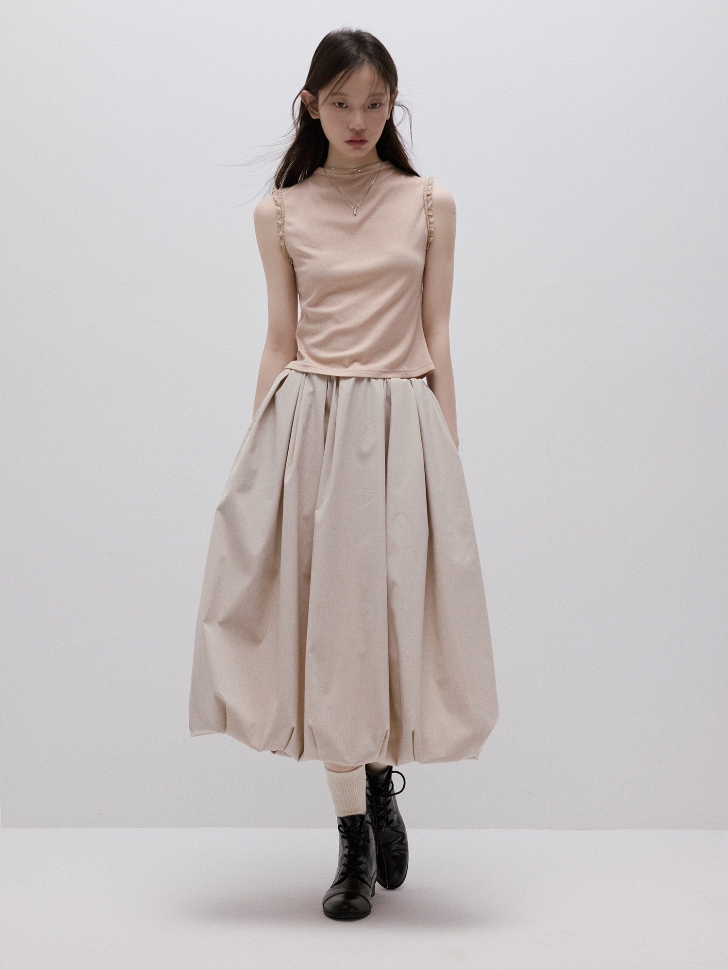 FUSSED_Apricot_Gray_Irregular_Pleated_Bubble_A_Line_Women&