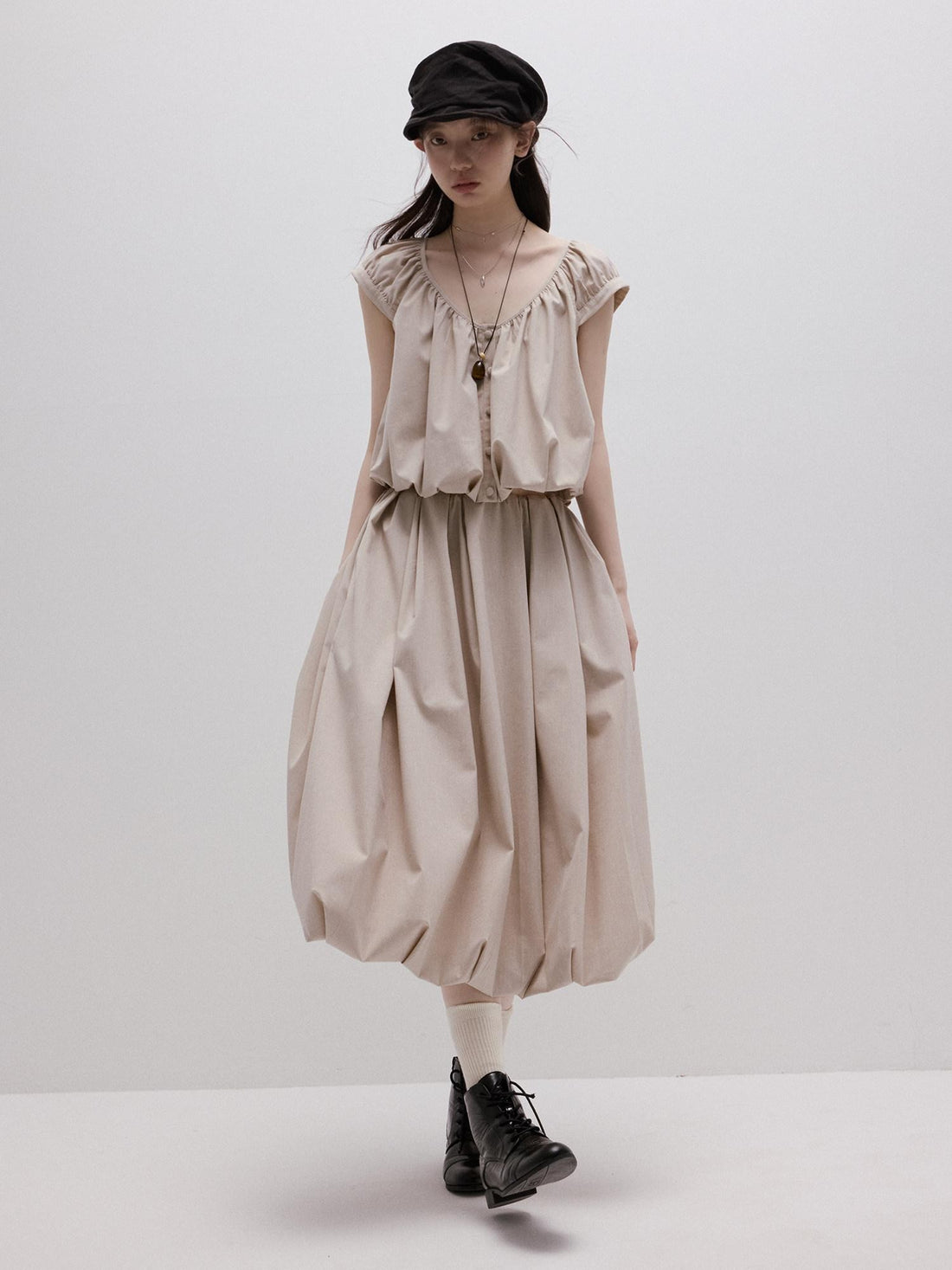 FUSSED Apricot Gray Irregular Pleated Bubble A Line Women&