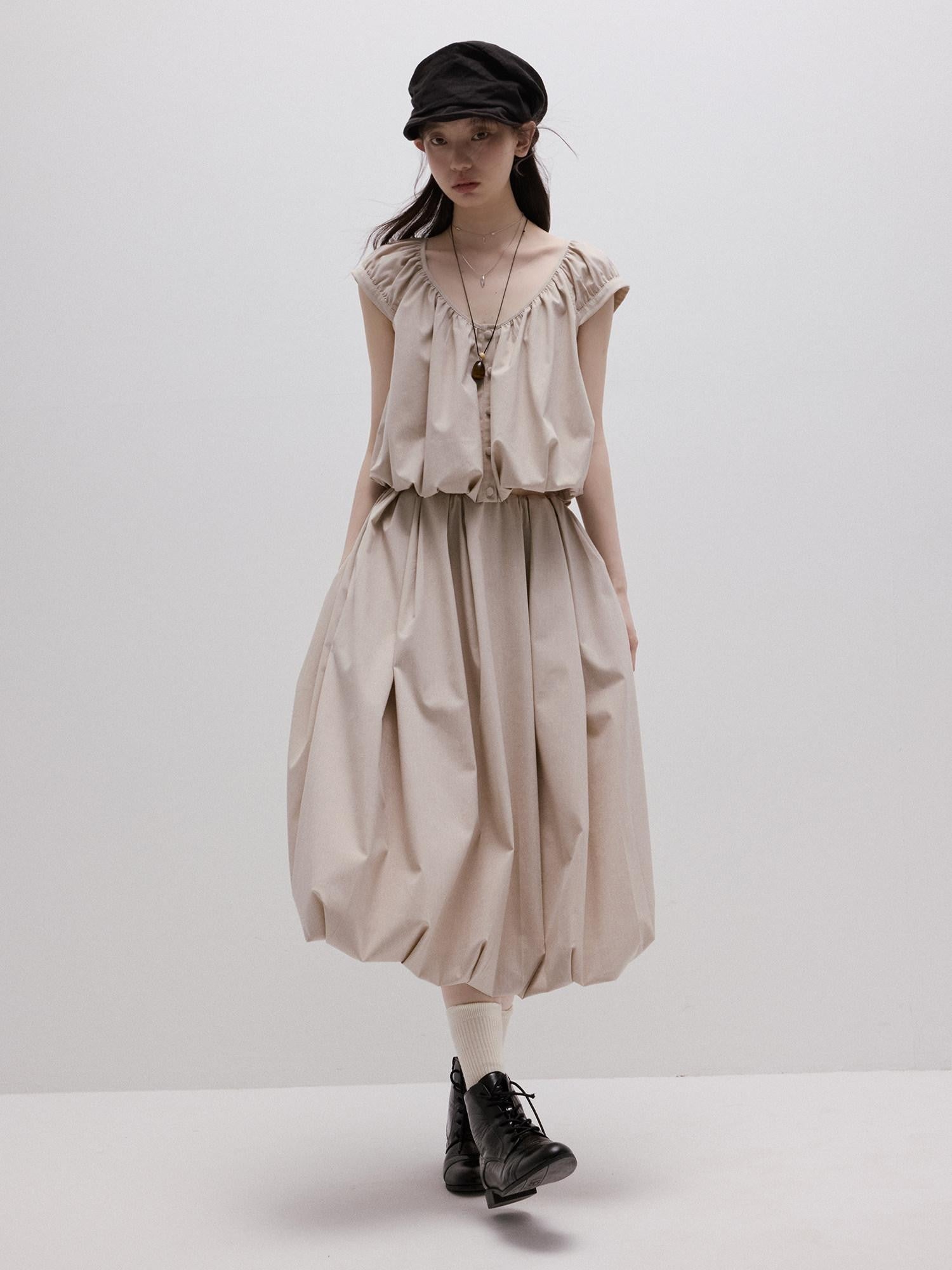 FUSSED Apricot Gray Irregular Pleated Bubble A Line Women&