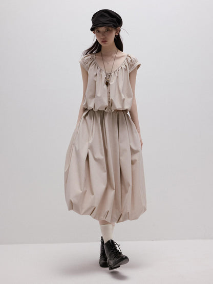 FUSSED Apricot Gray Irregular Pleated Bubble A Line Women&
