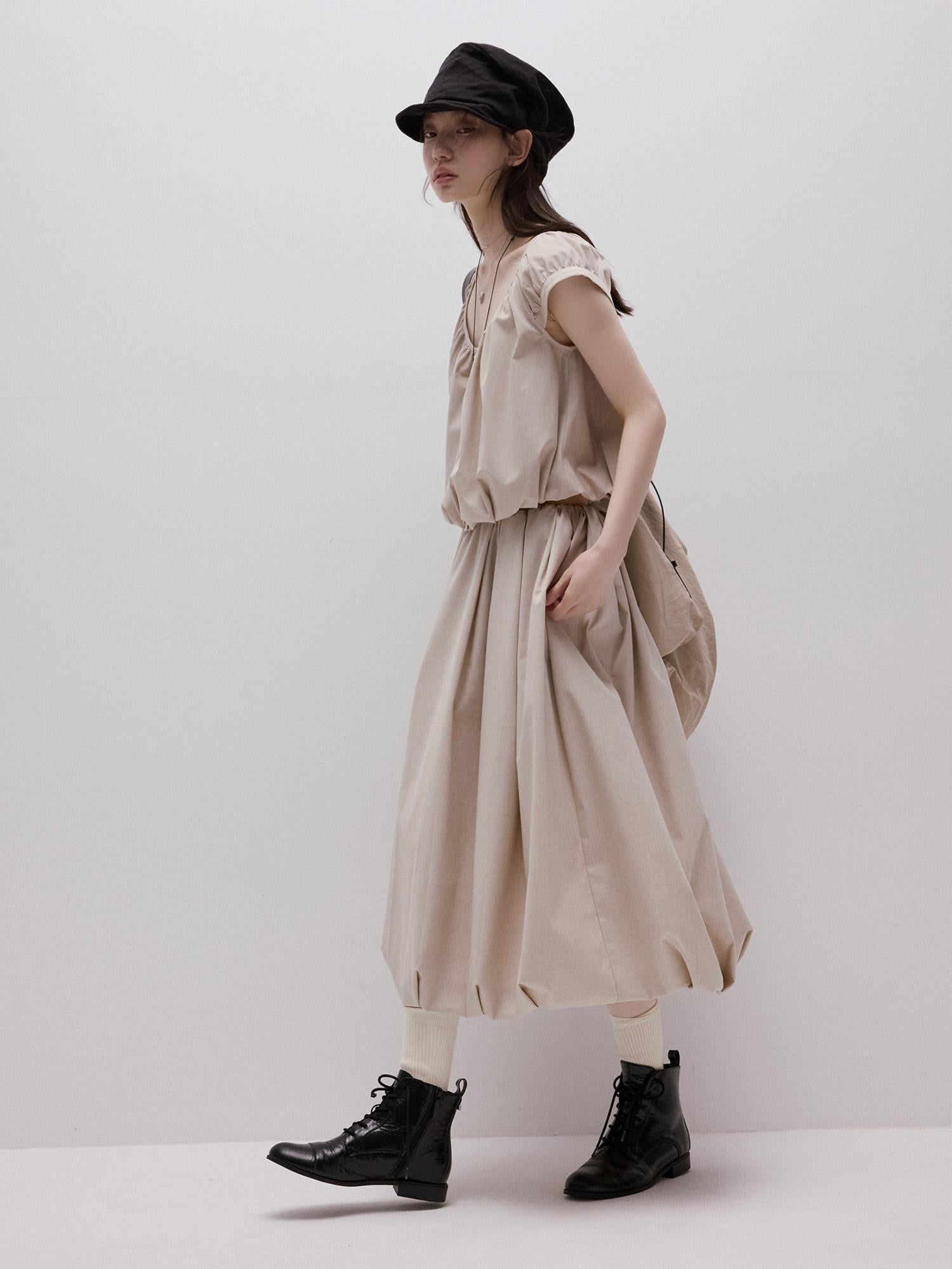 FUSSED Apricot Gray Irregular Pleated Bubble A Line Women&