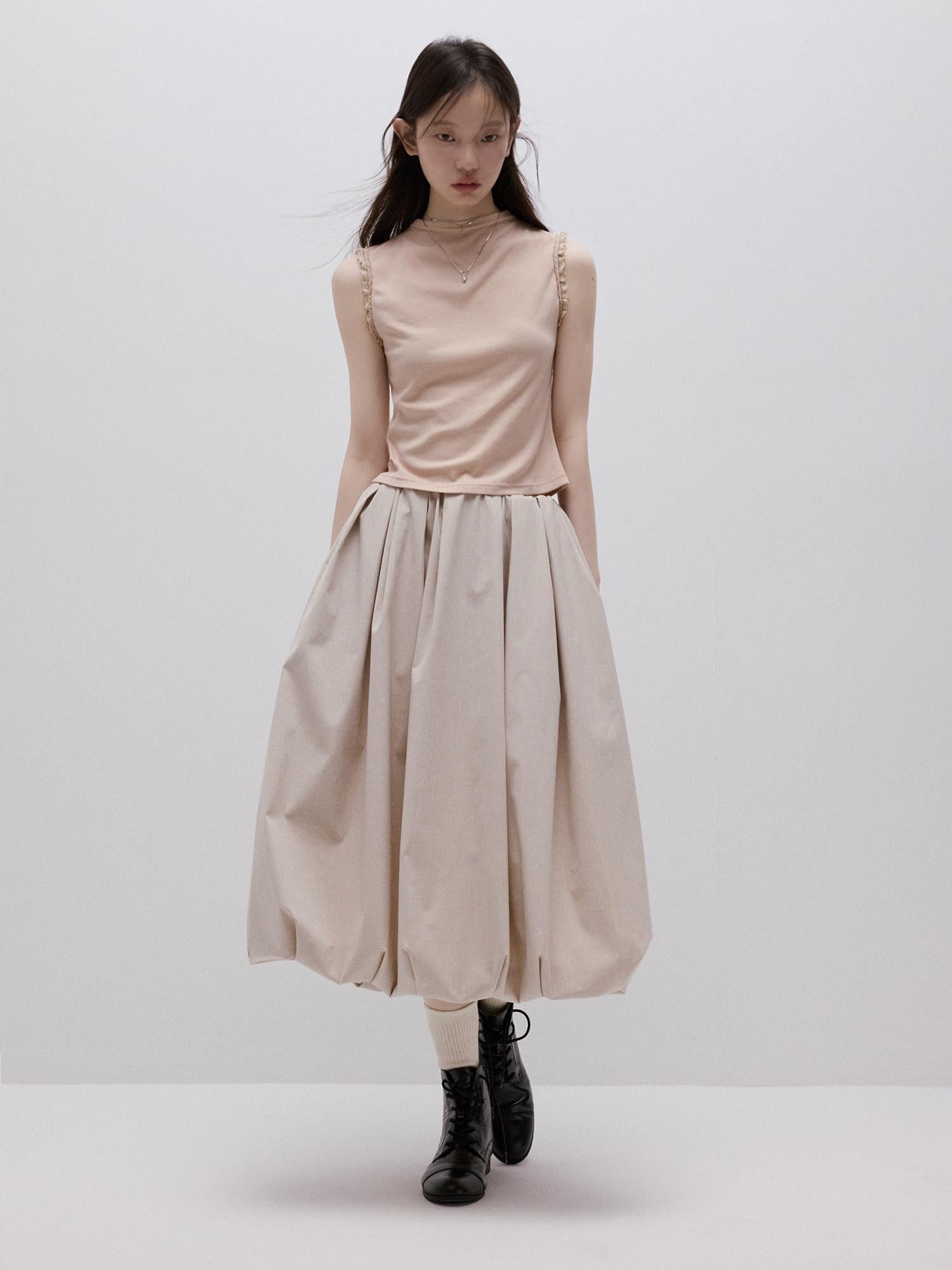FUSSED Apricot Gray Irregular Pleated Bubble A Line Women&