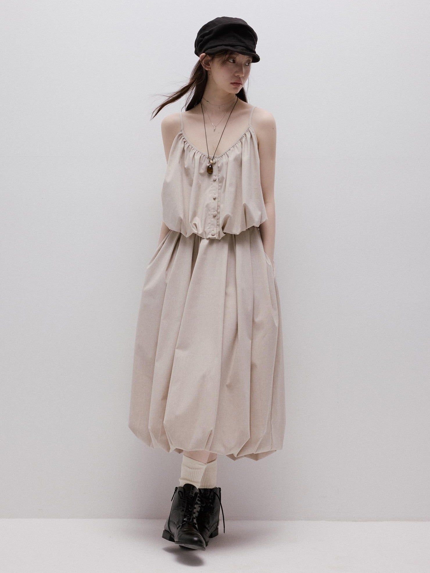 FUSSED Apricot Gray Irregular Pleated Bubble A Line Women&