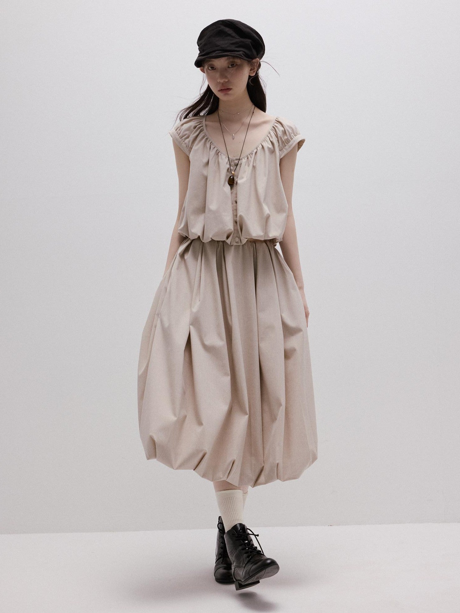 FUSSED Apricot Gray Irregular Pleated Bubble A Line Women&