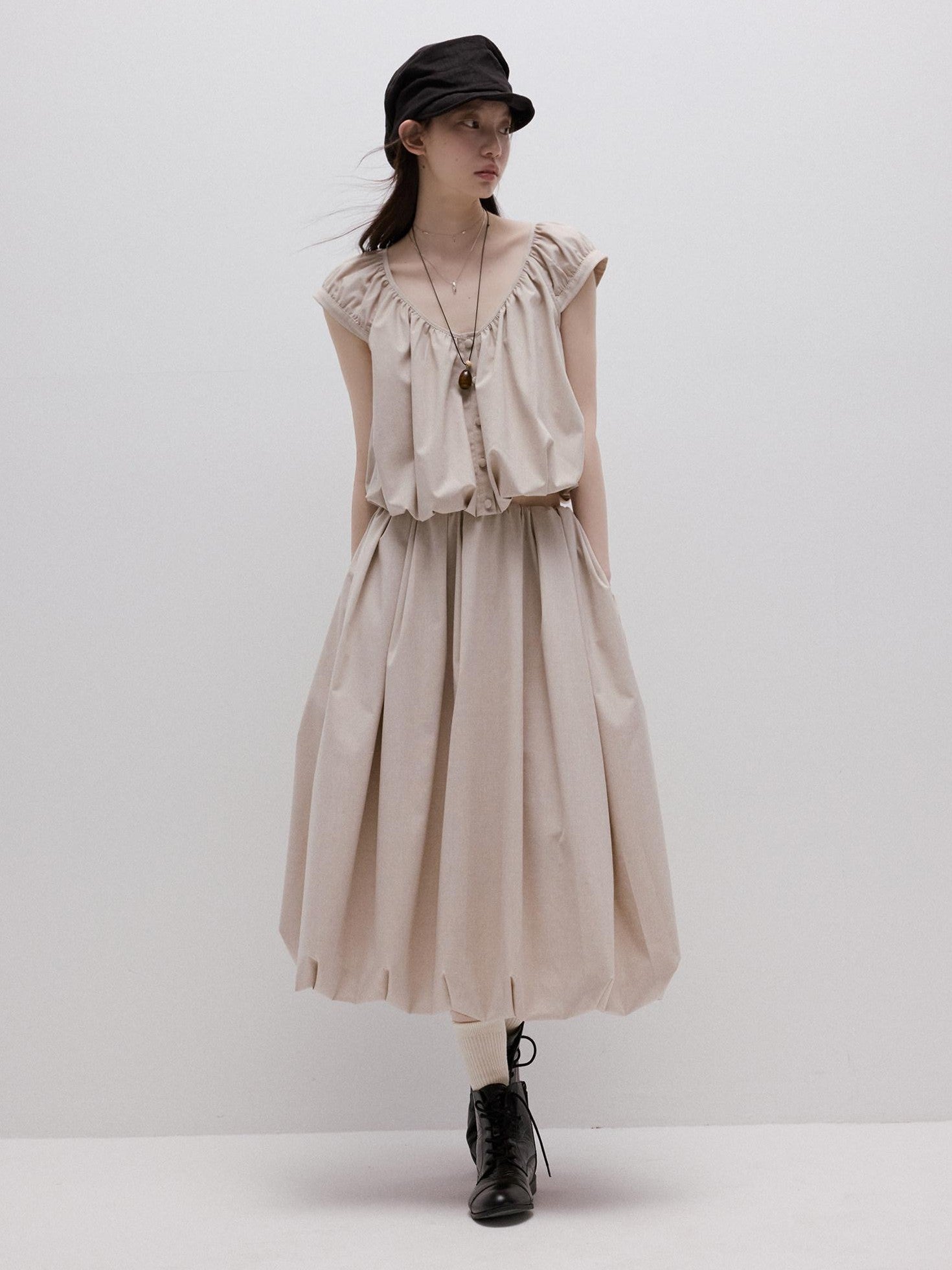 FUSSED Apricot Gray Irregular Pleated Bubble A Line Women&