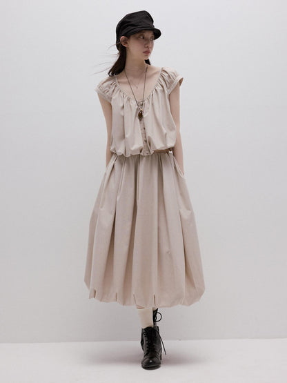 FUSSED Apricot Gray Irregular Pleated Bubble A Line Women&