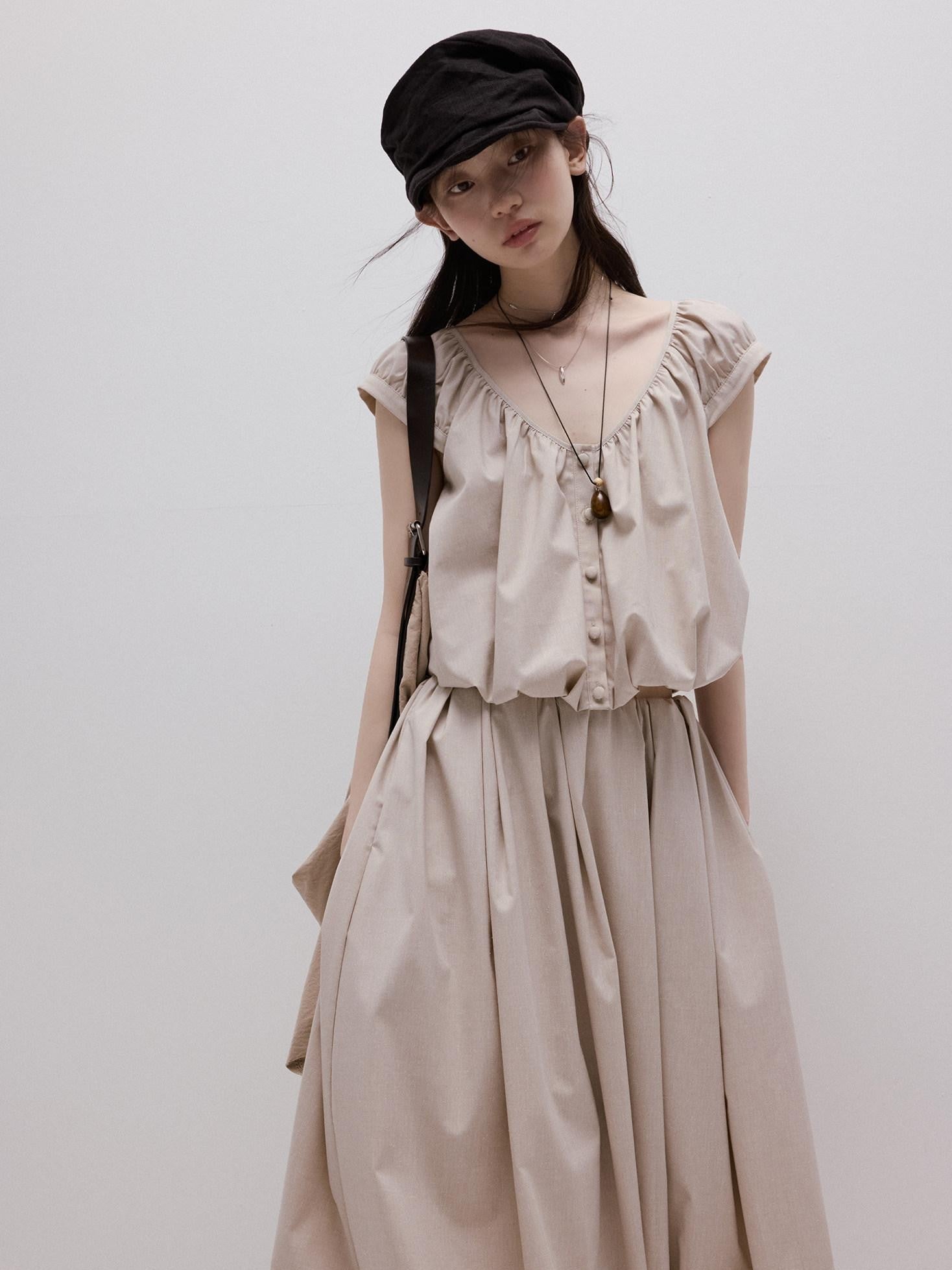 FUSSED Apricot Gray Irregular Pleated Bubble A Line Women&