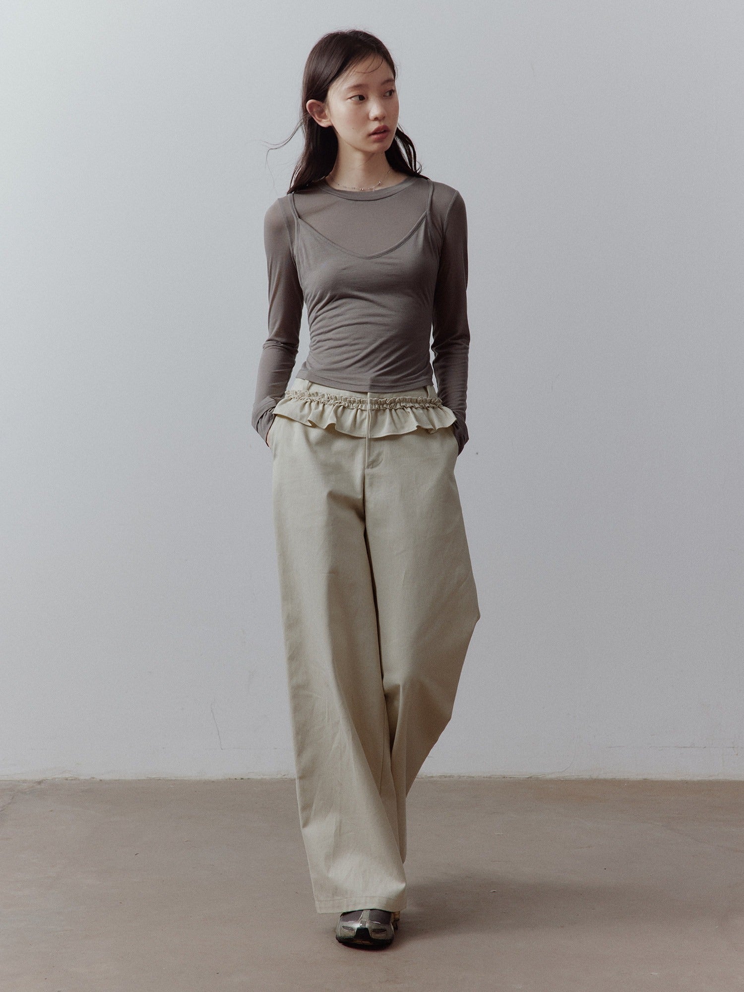 FUSSED Apricot Gray Layered Patchwork Pockets Low Waist Women&