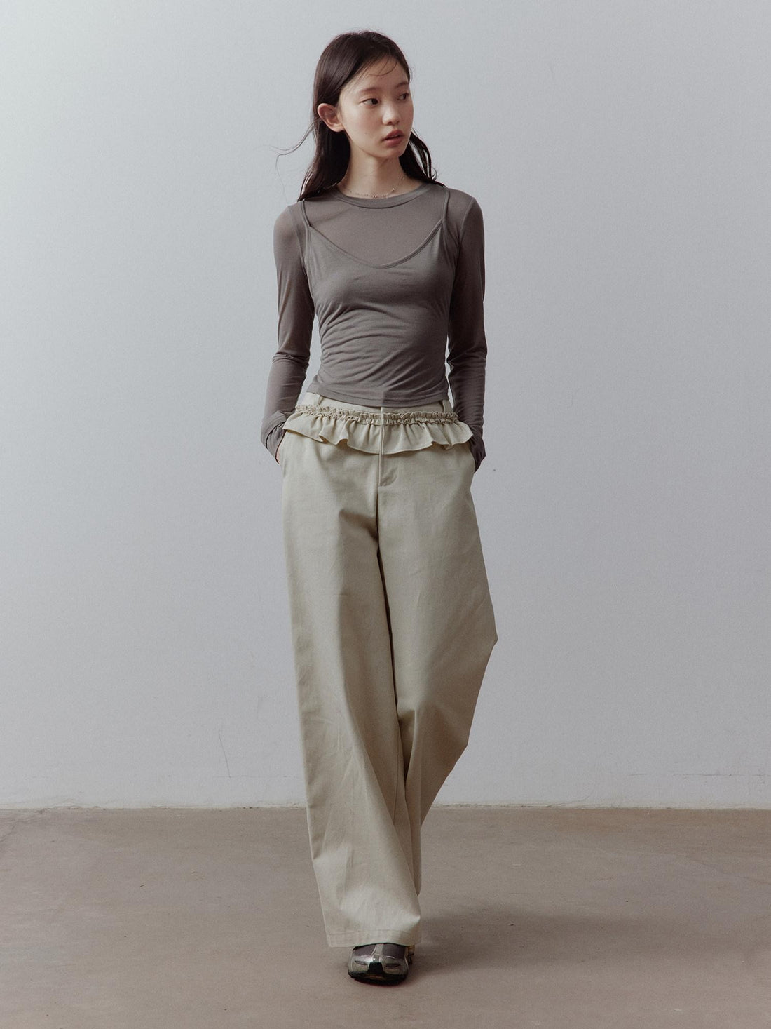 FUSSED Apricot Gray Layered Patchwork Pockets Low Waist Women&