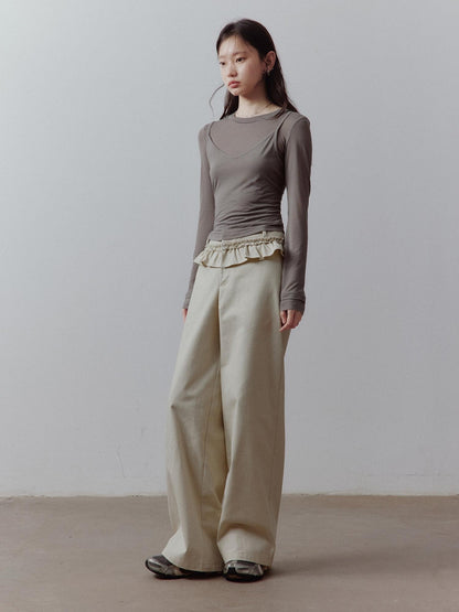 FUSSED Apricot Gray Layered Patchwork Pockets Low Waist Women&