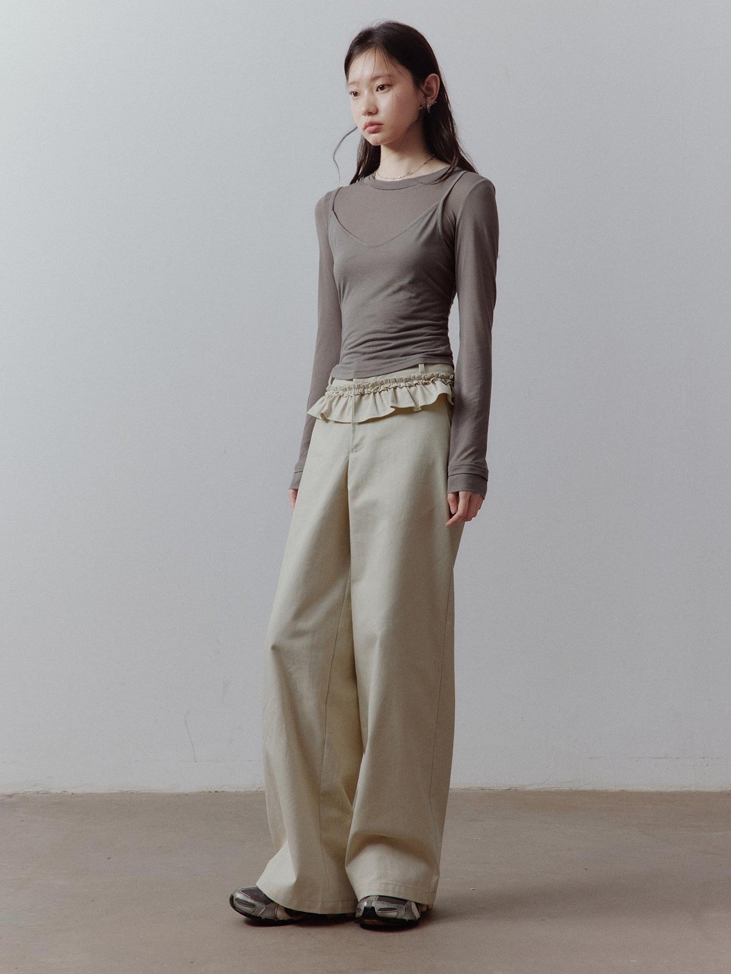 FUSSED Apricot Gray Layered Patchwork Pockets Low Waist Women&