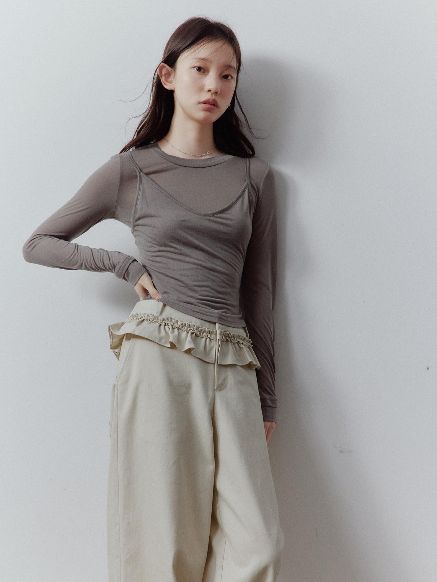 FUSSED Apricot Gray Layered Patchwork Pockets Low Waist Women&