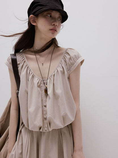 FUSSED_Apricot_Gray_Puff_Texture_V-neck_Women&