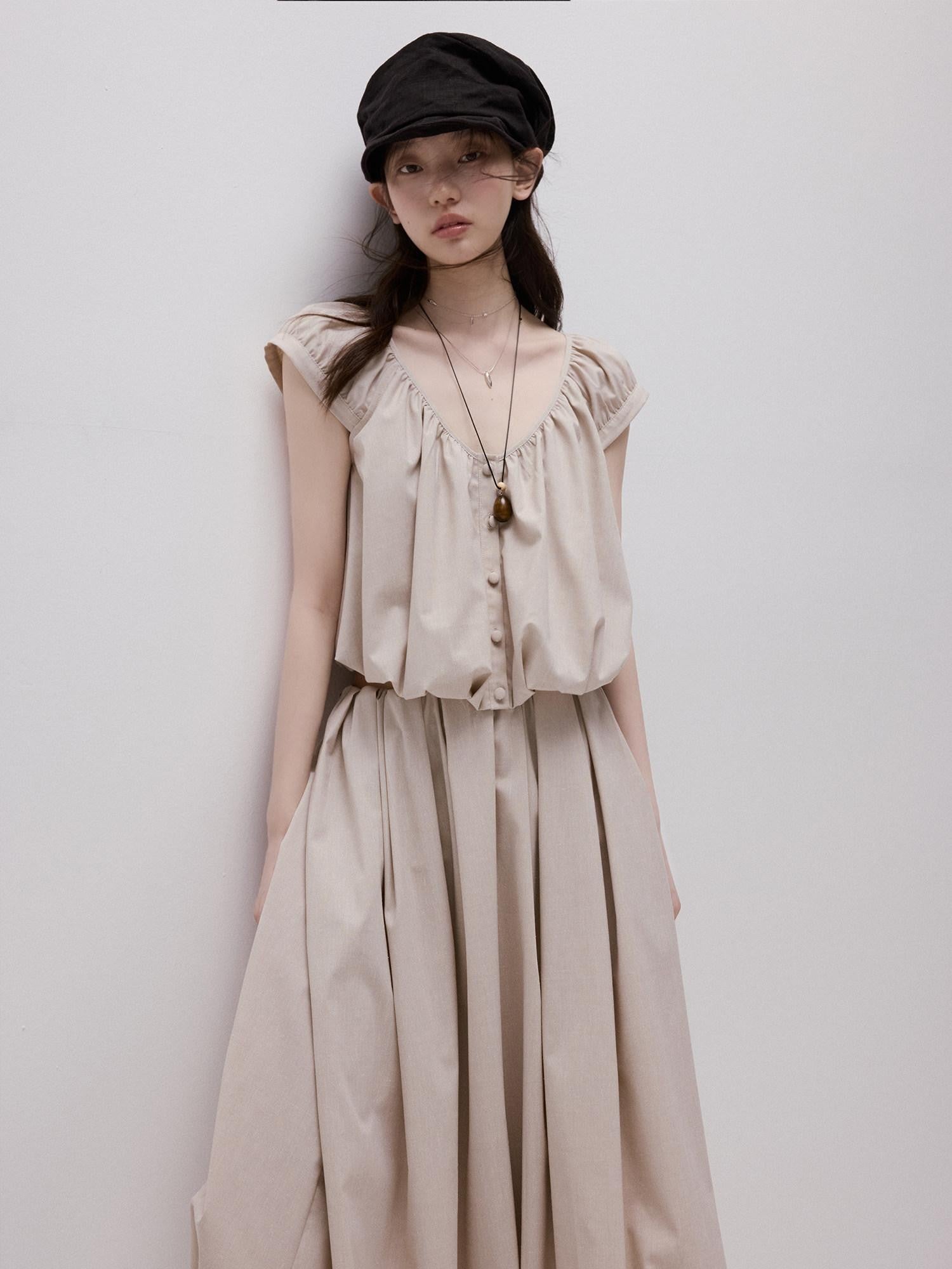 FUSSED Apricot Gray Puff Texture V-neck Women&