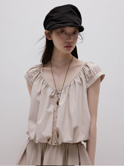 FUSSED Apricot Gray Puff Texture V-neck Women&