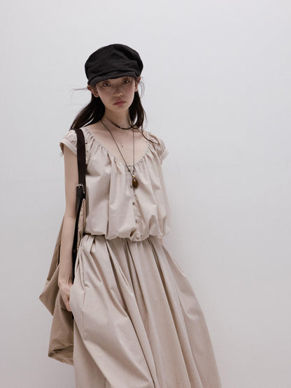 FUSSED Apricot Gray Puff Texture V-neck Women&